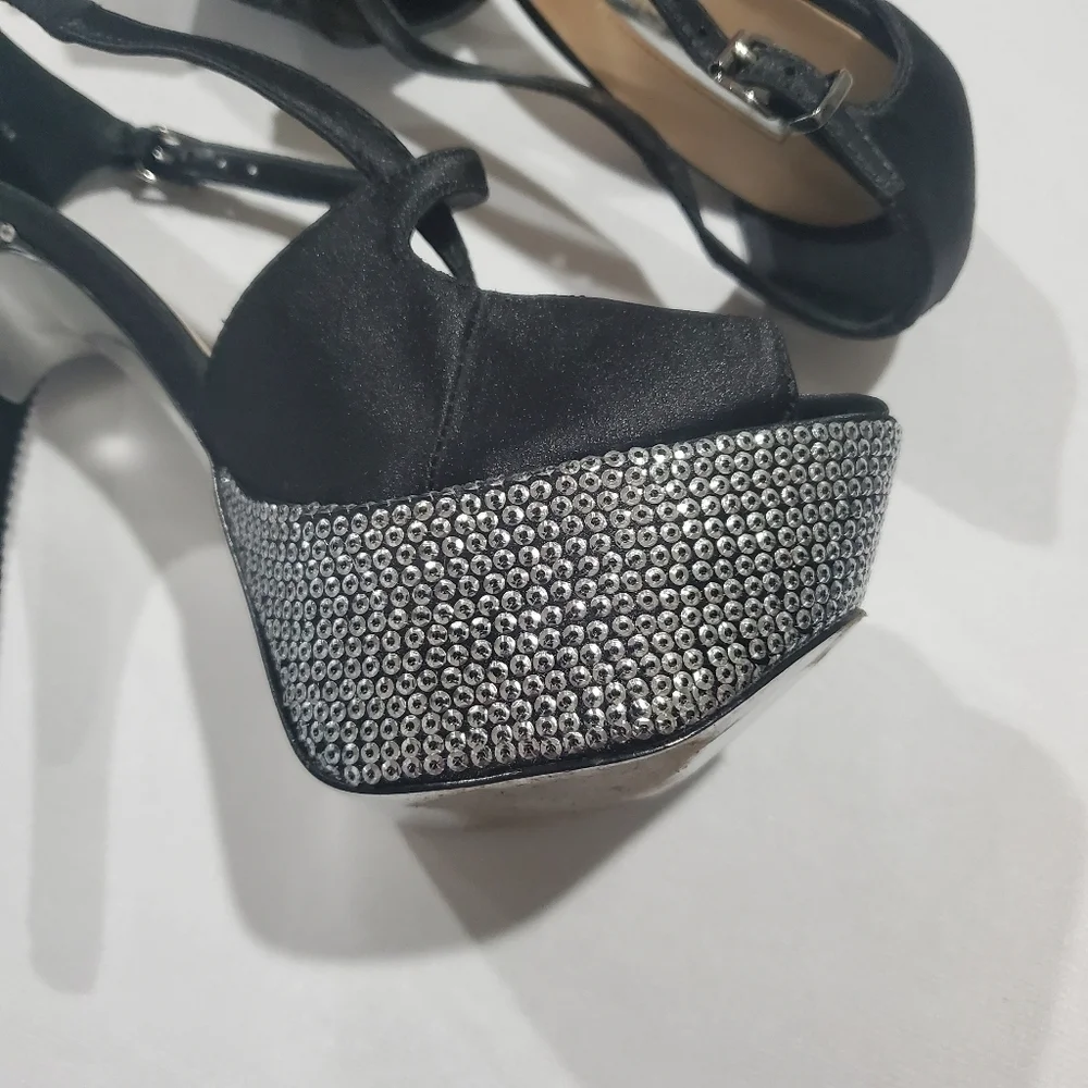 H by Halston Black Leather Rhinestone Platforms 7